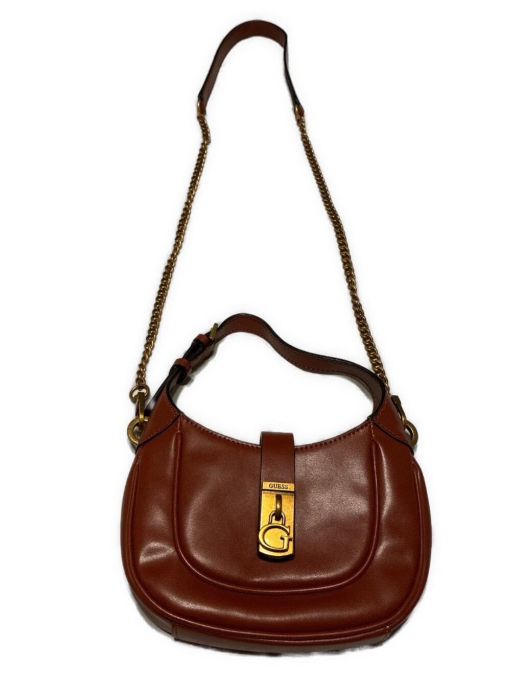 GUESS Brown Faux Vegan Leather Saddle Shoulder Crossbody Bag Gold Chain G Lock